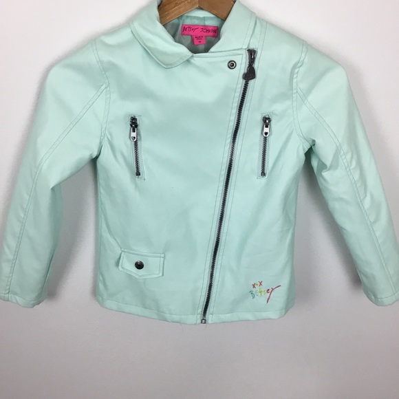 Girls Betsey Johnson Light Teal Faux Leather Moto Jacket size 10 - Picture 13 of 13